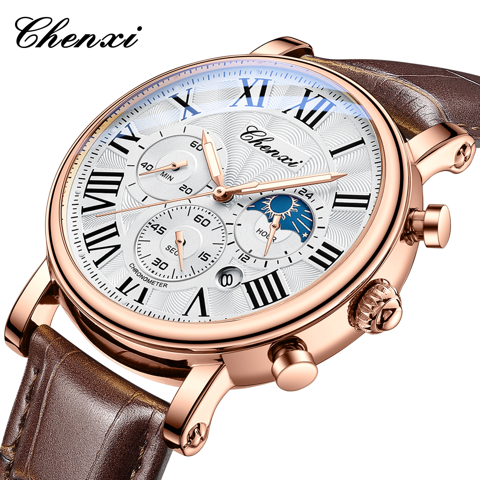 Leather Watch Band Men - CHENXI 973, Herren-Quarzuhr, modisch, Business, Mondphase,