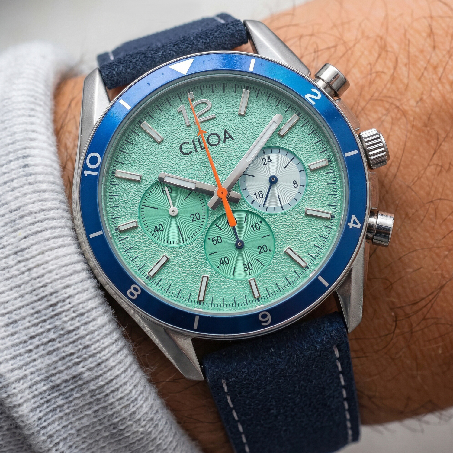 Suede Strap Watch - CILOA Herren-Chronographenuhr, mintgrünes Zifferblatt mit blauer