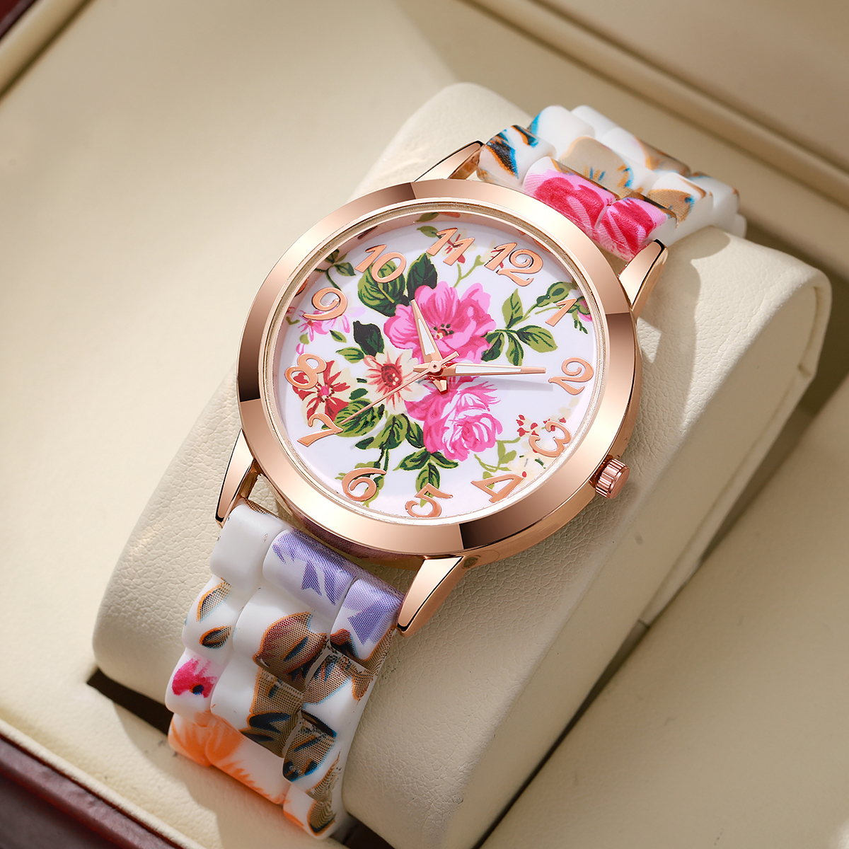 Silicone Band Women - Modische Damenuhren mit Blumenmuster, lässiges Silikonband,