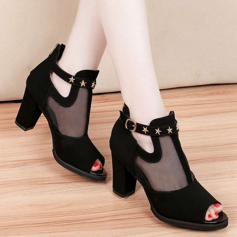 Mesh Strap Metal - Mesh Peep Toe Blockabsatz Damen Sandalen
