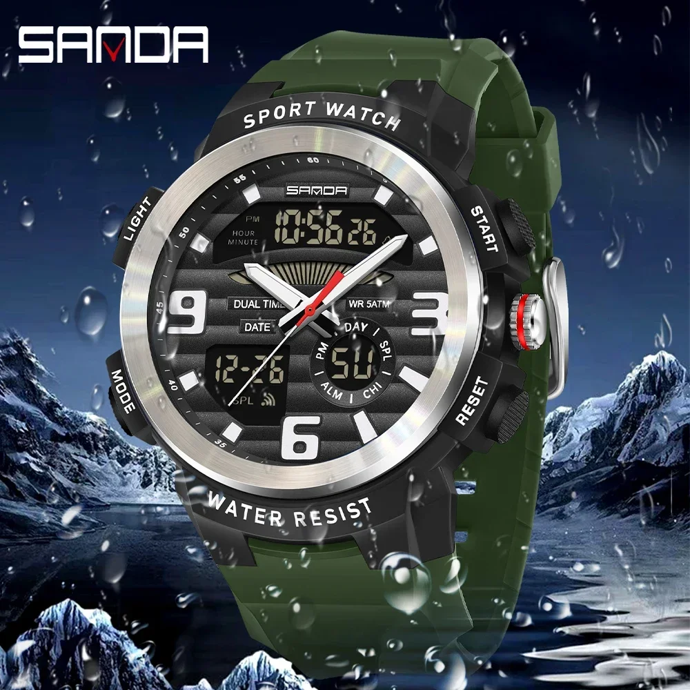 Rubber Strap Diver - SANDA Multifunktions-Herrenuhr mit Dual-Display, Wasserdichte Digitale
