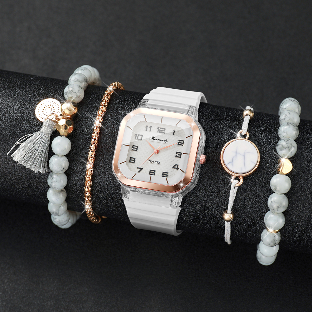 5-teiliges Modisches Damen-Uhr – Silicone Band Women Bewertung und Preis