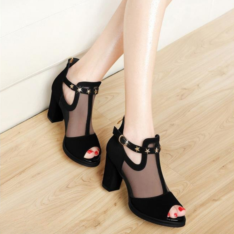 Mesh Peep Toe Blockabsatz Dame – Mesh Strap Metal Bewertung und Preis